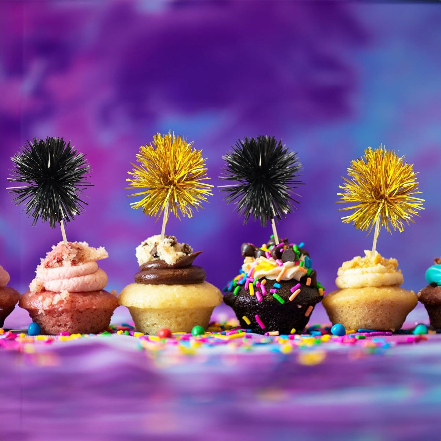 Gyufise 30Pcs Foil Firework Cupcake Toppers Sparkle Tinsel Cake Toppers Tinsel Drink Cake Decoration Cocktail Picks for Birthday Wedding Graduation Party Supplies Gold Black