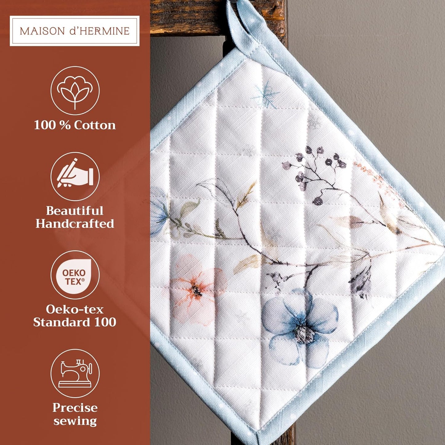 Maison d' Hermine Pot Holders Set 100% Cotton Heat Resistant Potholders 8" x 8" Hot Pads with Loop BBQ, Cooking, Baking, Grilling, Kitchen, Handling Hot Pans (Pack of 2, Ice Florals)