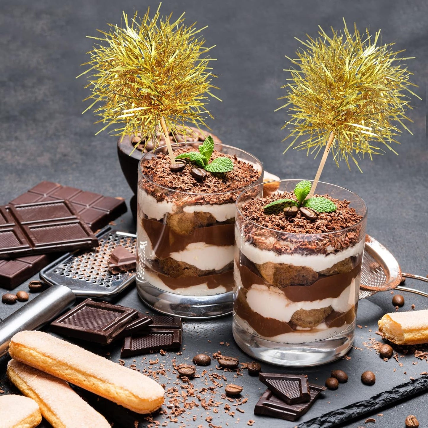 Chinco 100 Pcs Foil Firework Cupcake Toppers Sparkle Tinsel Cake Toppers Cake Decoration Cocktail Fruit Toothpick for Birthday Wedding Graduation Party(Gold)