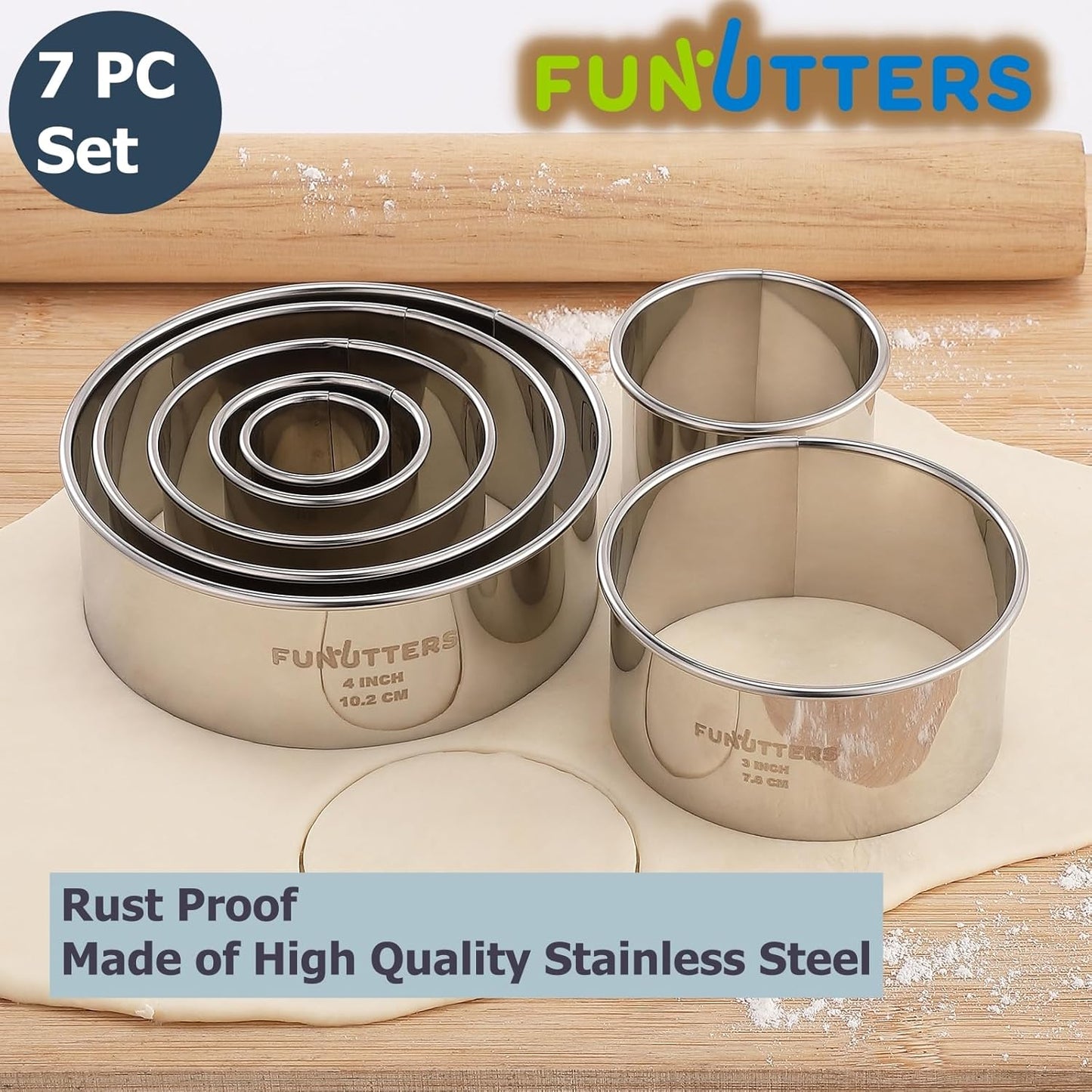 Cookie Cutters Set, 7 Pc. Kit, Measuring 1'', 1.5'', 2'', 2.5'', 3'', 3.5'', and 4'', Round Metal Baking Rings for Pastry, Biscuits, and Dough Cutting, Heavy Duty and Reusable, Multiple Sizes