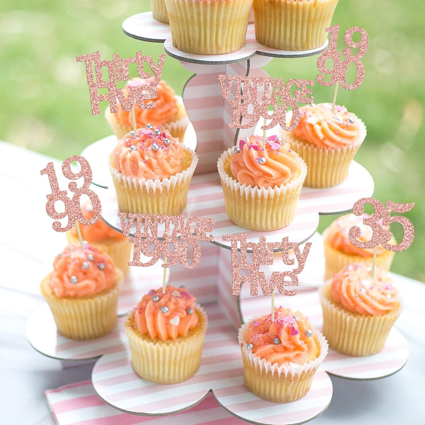 Gyufise 24Pcs Happy 35th Birthday Cupcake Toppers Glitter Thirty Five 35 Fabulous Vintage 1990 Cupcake Picks for 30th Birthday Wedding Anniversary Party Cake Decorations Supplies Rose Gold