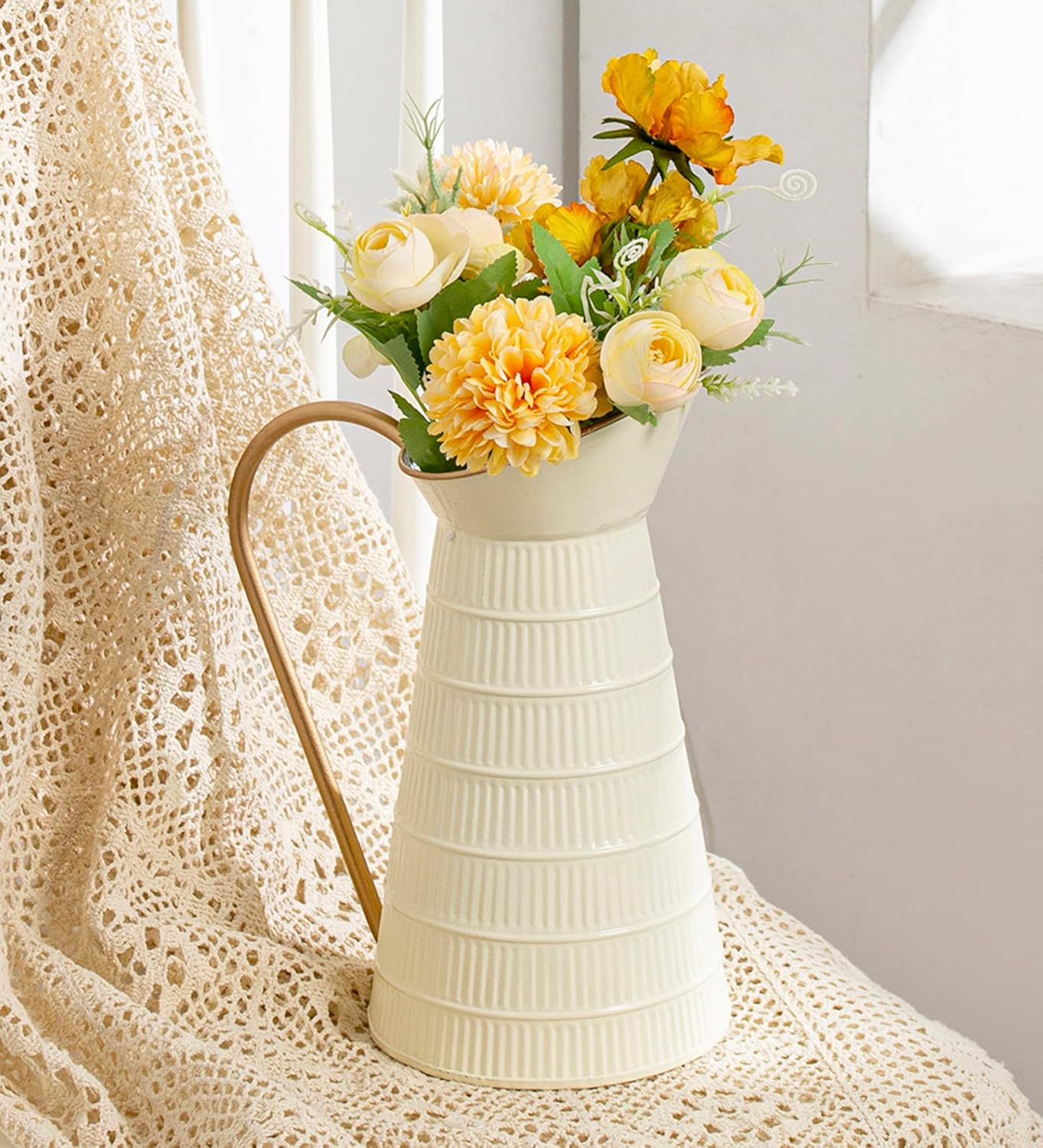 Elegant Cream/White Metal Pitcher Vase, Farmhouse Galvanized Flower Vase, Rustic Decorative Milk Jug for Home Decor, 10.8''H