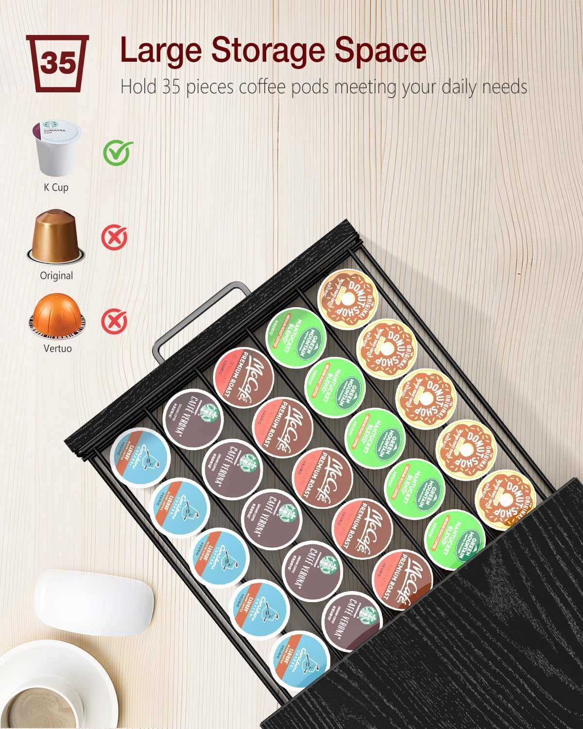 Coffee Pod Drawer for K Cup, 35 Pods K-Cup Holder Organizer with Cup Holder, Durable Coffee Maker Stand with Storage Drawer, Black