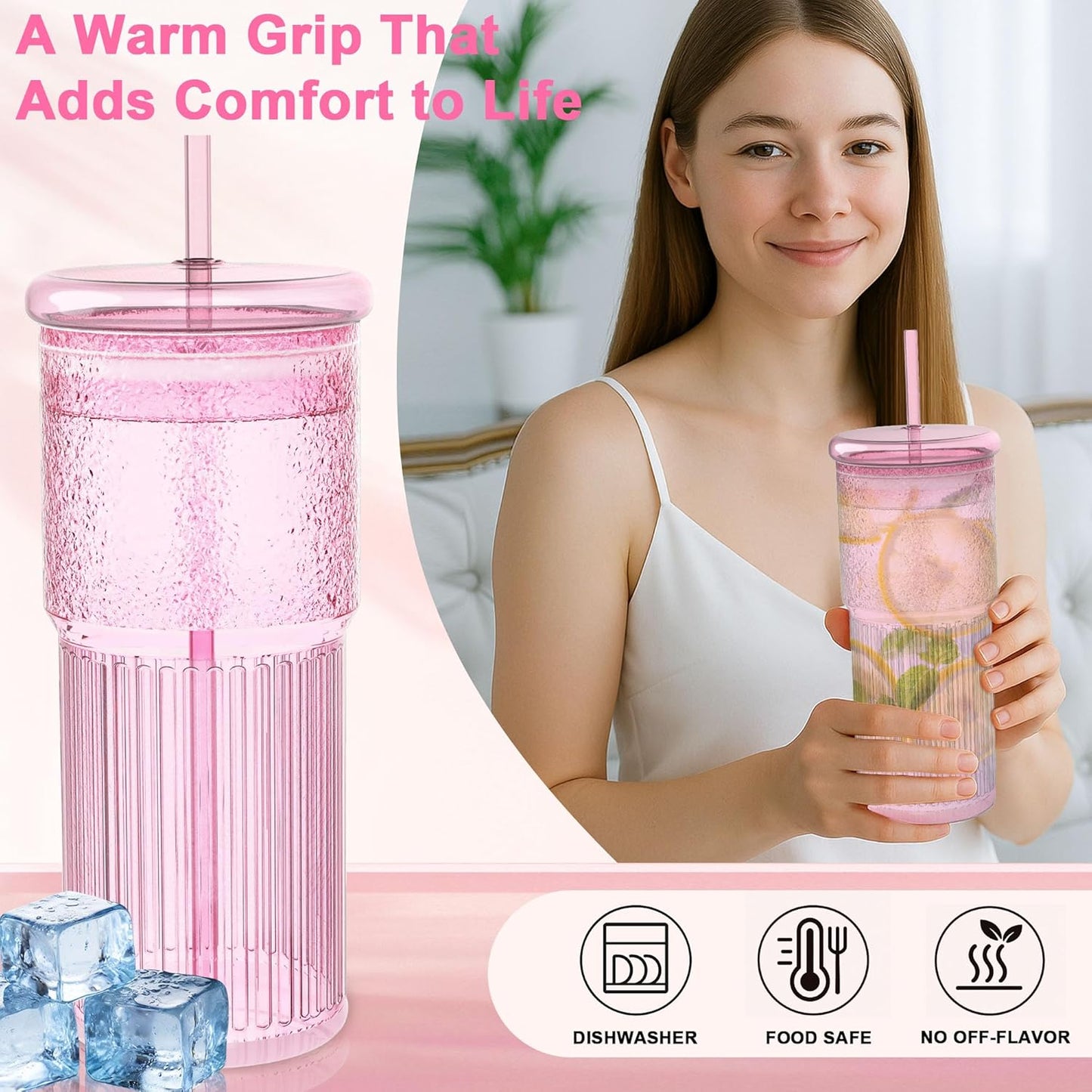 Glass Cups with Lids and Glass Straws, High Borosilicate 20OZ Pink Tumblers (2Pcs) for Coffee, Tea, Juice, Smoothies, Hot & Cold Drinks at Home/Office