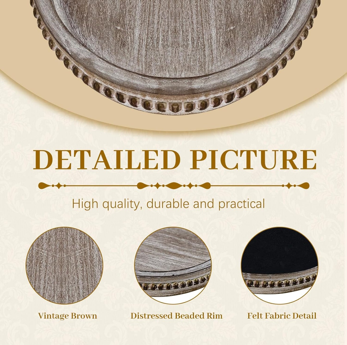 MAONAME Wood Serving Tray, Farmhouse Wooden Tray for Coffee Table, Oval Beaded Trays, Vintage Brown Decorative Trays for Living Room, Kitchen, 15" X 9" X 1.2"