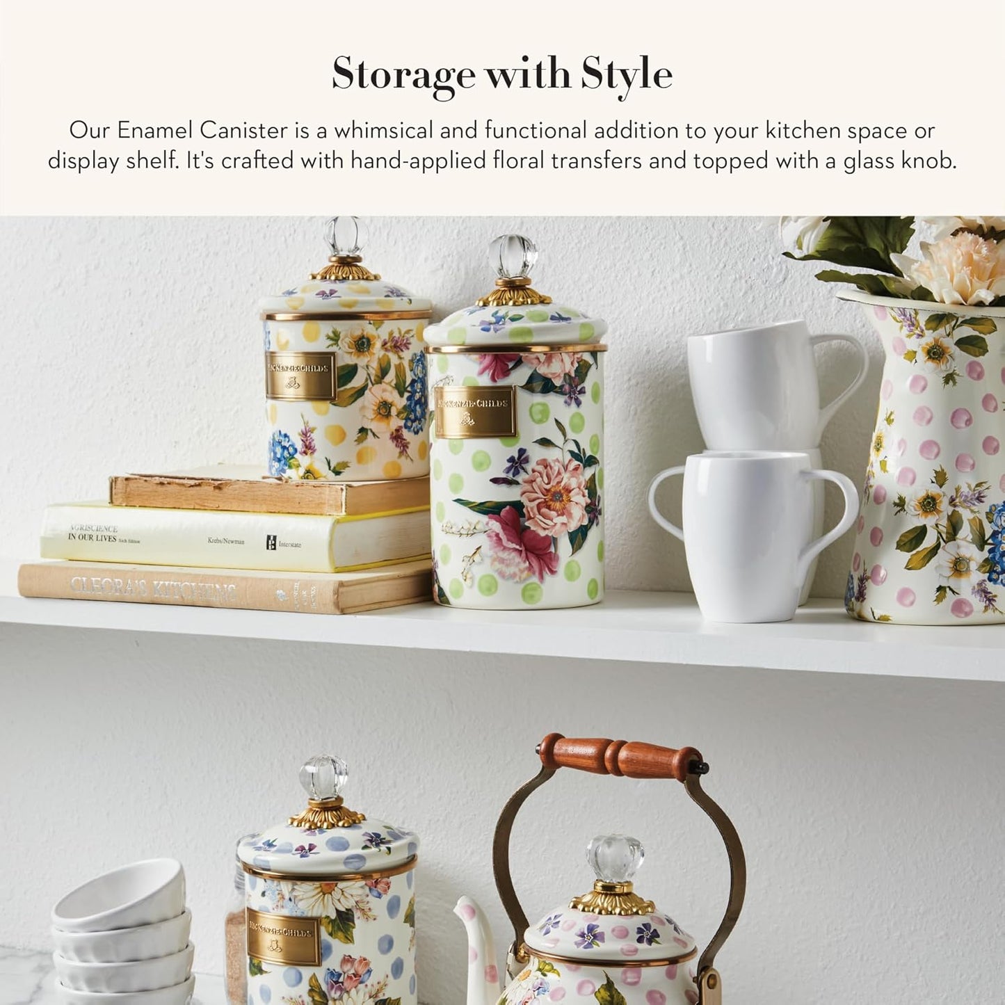 MACKENZIE-CHILDS Wildflowers Enamel Canister, Floral Kitchen Storage Container with Lid, Small
