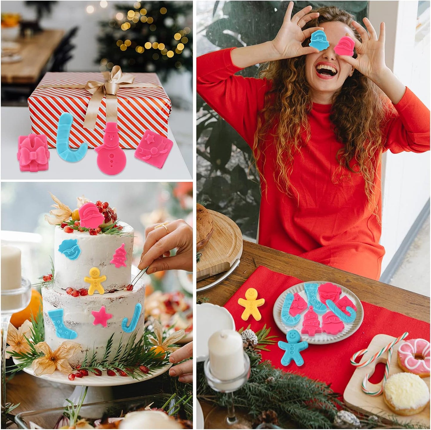 Christmas Silicone Chocolate and Candy Molds, Small Baking Molds for Cake Toppers, Santa Clause Snowman Christmas Tree Presents Gingerbread Stockings Star Candy Cane Molds 6Pcs