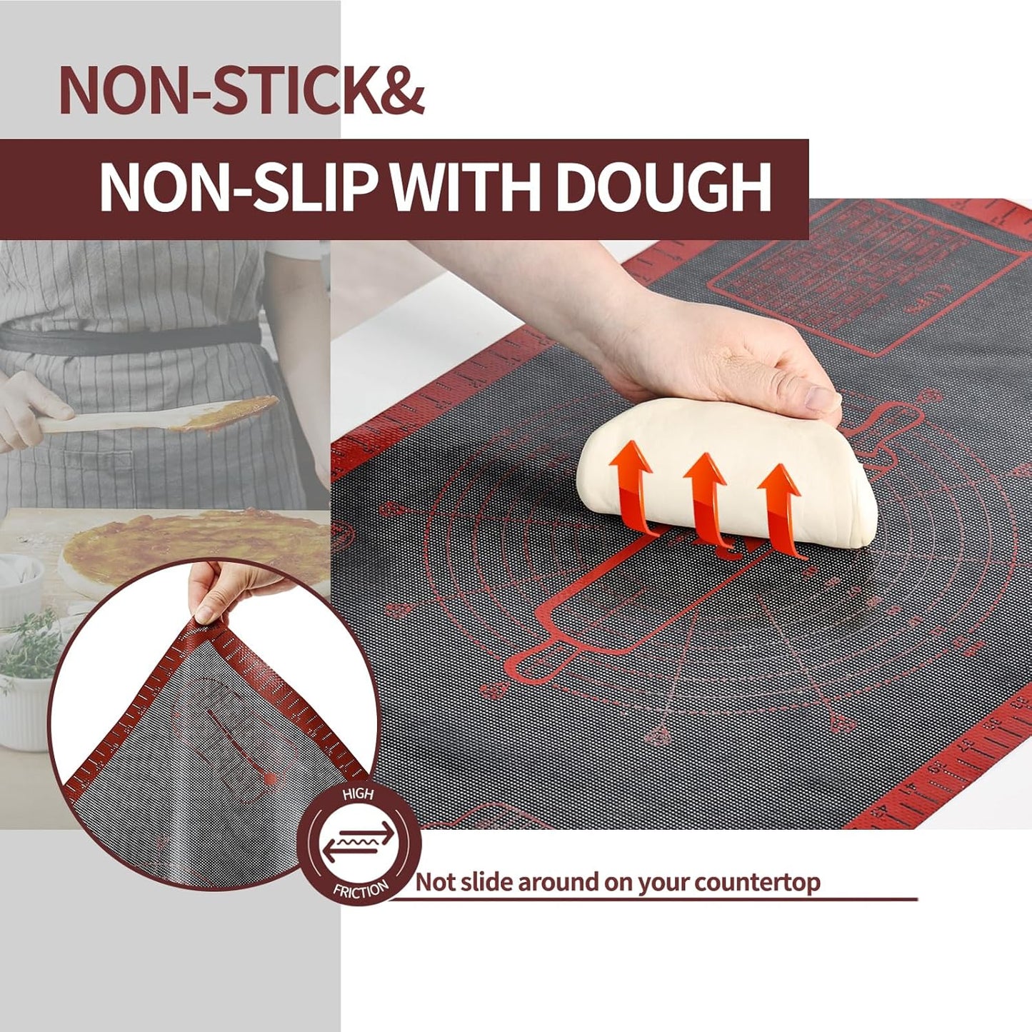 Silicone Pastry Mat Extra Large with Measurements 26''x16'' for Reusable,Non-slip Silicone Baking Mat, Counter, Dough Rolling, Oven Liner,Fondant/Pie Crust (Translucent_Red, 16''W x 26''L)