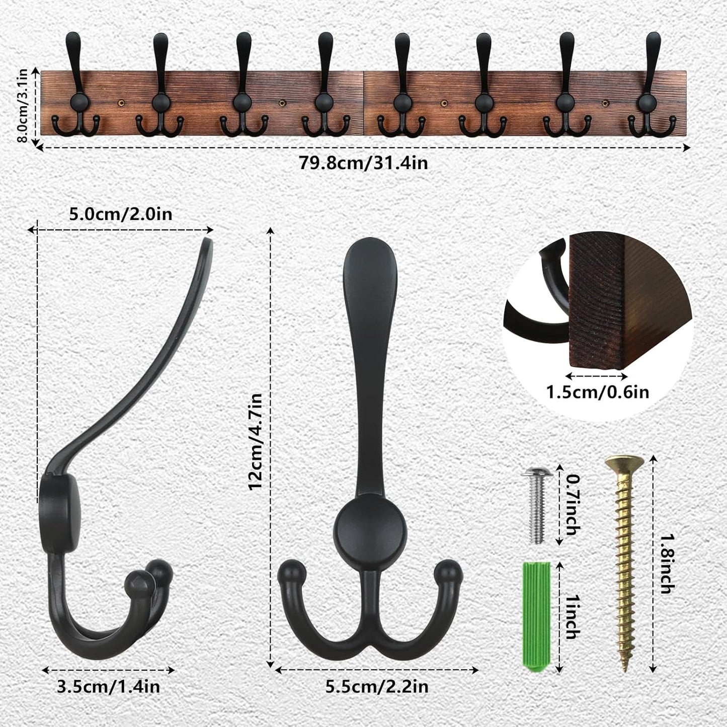 IBosins Wall Mounted Coat Rack, 31-2/5'' Long, Entryway Hanging Rack, Metal Wood Coat Hooks Rack with 8 Black Rustic Tri-Hooks Rail for Coat, Bag, Towel, Key, Hat, Umbrella