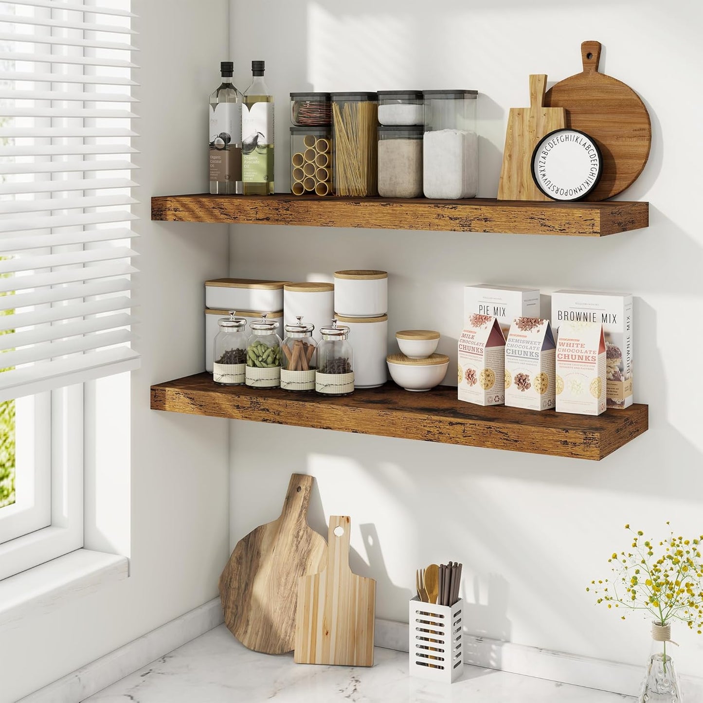 Fun Memories Floating Shelves for Wall, 32 Inch Rustic Wood Wall Mounted Shelves for Bathroom, Bedroom, Kitchen, Living Room, Deep Floating Shelves for Storage & Home Decor (Brown,Set of 2)