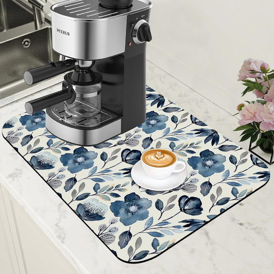 Blue Flowers Dish Drying Mat for Kitchen Counter Coffee Mat Hide Stain Absorbent Dish Drainer Rack Pad with Non-Slip Rubber Backed Espresso Machine Coffee Bar Accessories 11.8 x 19.7 Inch