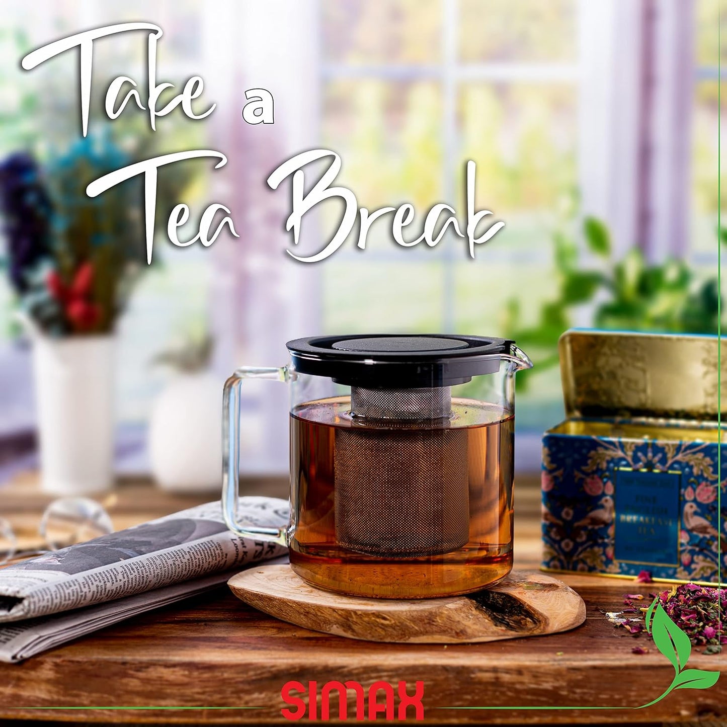 Simax Glassware 1 Quart Teapot with Metal Mesh Infuser | Plastic Lid, Microwave and Stovetop Safe, Heat, Cold, and Thermal Shock Resistant Borosilicate Glass, Makes a Stunning Presentation