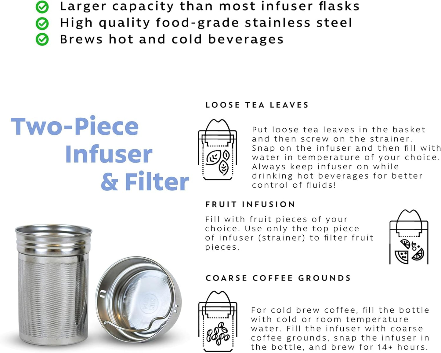 London Sip 25 oz Multi-Function Travel Mug and Tumbler Tea Infuser Water Bottle Fruit Infuser Flask Hot and Cold Double Wall Stainless Steel Coffee Thermos, Zen Black