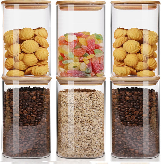 50oz Glass Food Storage Jars Set of 6,Glass Storage Containers Clear Glass Food Canister with Bamboo Lid Airtight For Serving Tea, Coffee, Flour, Sugar, Candy, Cookie, Spice and More (Square)