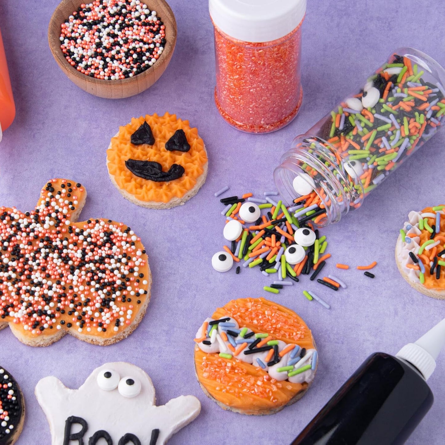Sweets Indeed Halloween Sprinkles 4-Pack – 10.90 oz Jar Set | Candy Eyeball Mix, Bat & Pumpkin Quin Mix, Orange Sanding Sugar & Black/White/Orange Nonpareils | Cupcake & Cookie Decorations