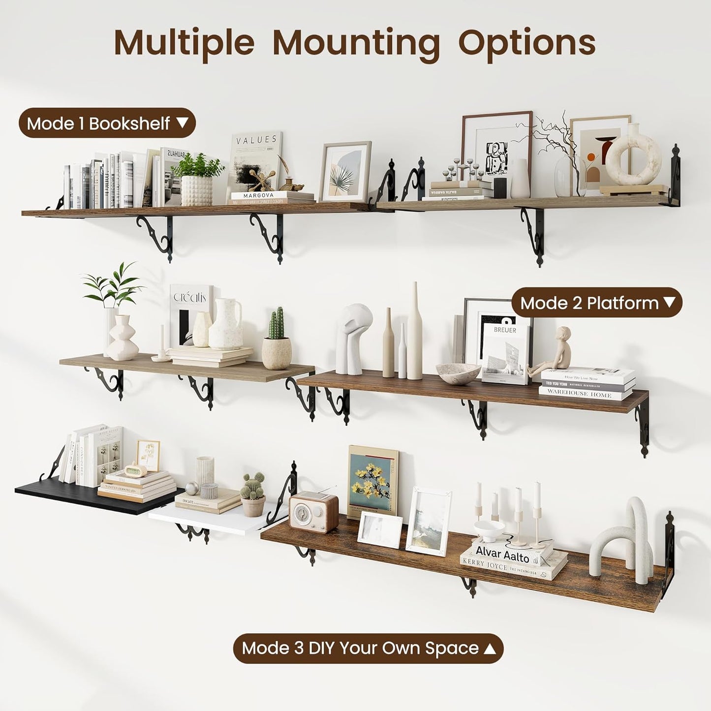 RICHFOCUS 12 Inch Deep Floating Shelves for Wall, 48" W x 12" D Wood Wall Shelves Set of 2, Wide Floating Shelves for Living Room, Bedroom, Kitchen, Bathroom and Decor Storage, Walnut