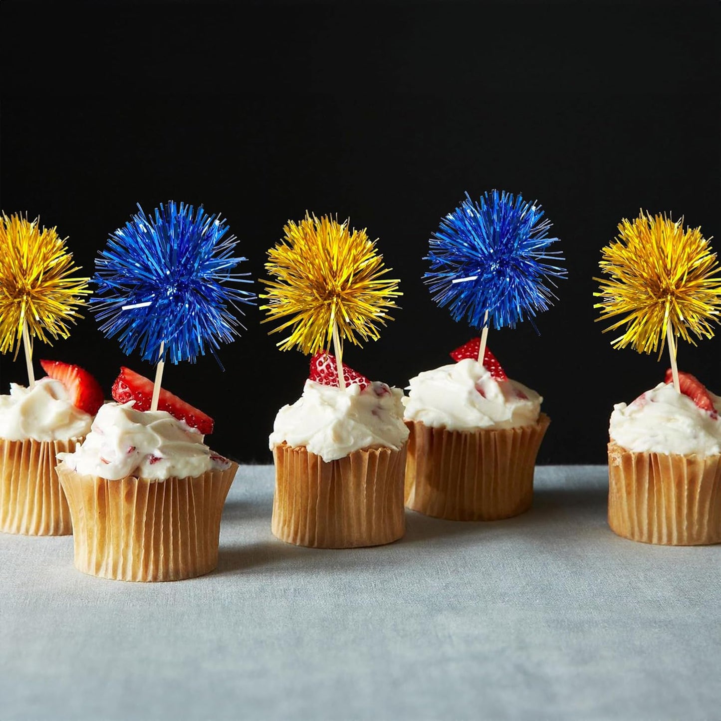 Gyufise 30Pcs Foil Firework Cupcake Toppers Sparkle Tinsel Cake Toppers Tinsel Drink Cake Decoration Cocktail Picks for Birthday Wedding Graduation Party Supplies Gold Dark Blue