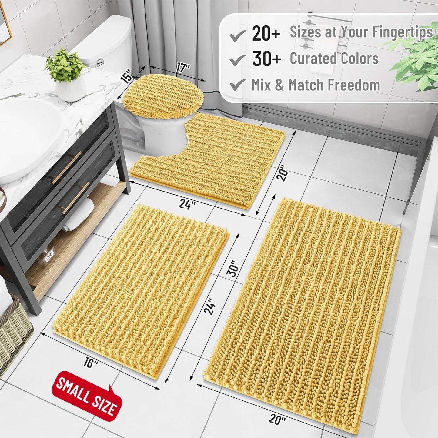 Arotive Luxury Chenille Bathroom Rug Mat, Extra Soft Thick Absorbent Shaggy Bath Rugs, Non-Slip Machine Wash Dry, Plush Bath Mats for Bathroom, Shower and Tub, 44x24, Yellow