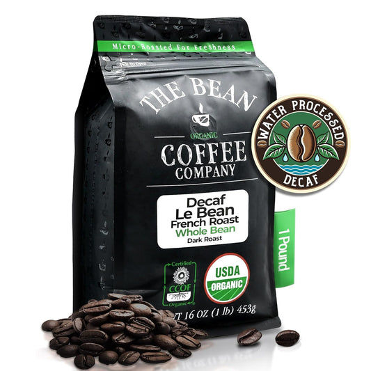 The Bean Organic Coffee Company Water Processed DECAF Le Bean, Dark French Roast, Whole Bean Coffee, 16-Ounce Bag