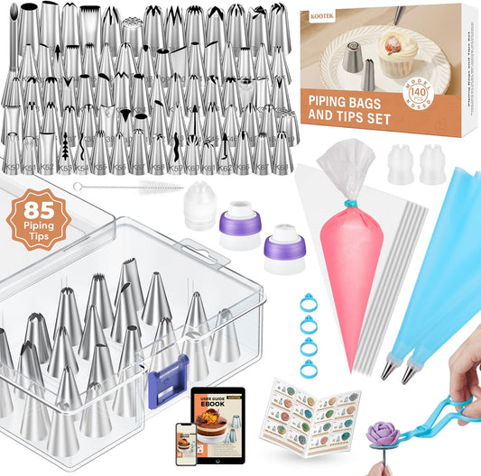 Kootek 140Pcs Icing Piping Bags and Tips Set, Frosting Piping Kit with 78 Numbered Icing Tips, 7 Russian Tip, 42 Pastry Bags 12 Inch, 5 Couplers, 4 Bag Ties for Cake Decorating, Cupcake, Baking