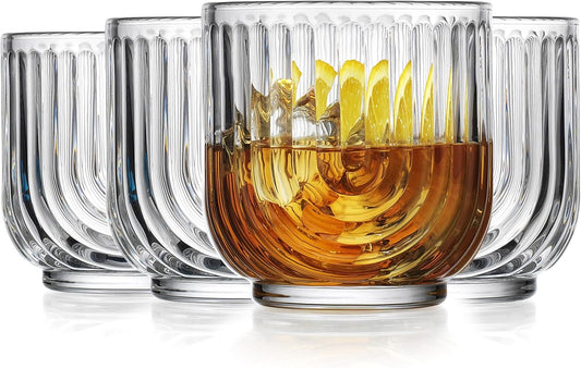 Glaver's Whiskey Glasses 11oz. Set of 4 Old Fashioned Bourbon Glasses. Ribbed Cocktail Arch Design Art Deco Bar Glassware for Whisky, Cocktails, Juice and Chilled Beverages.