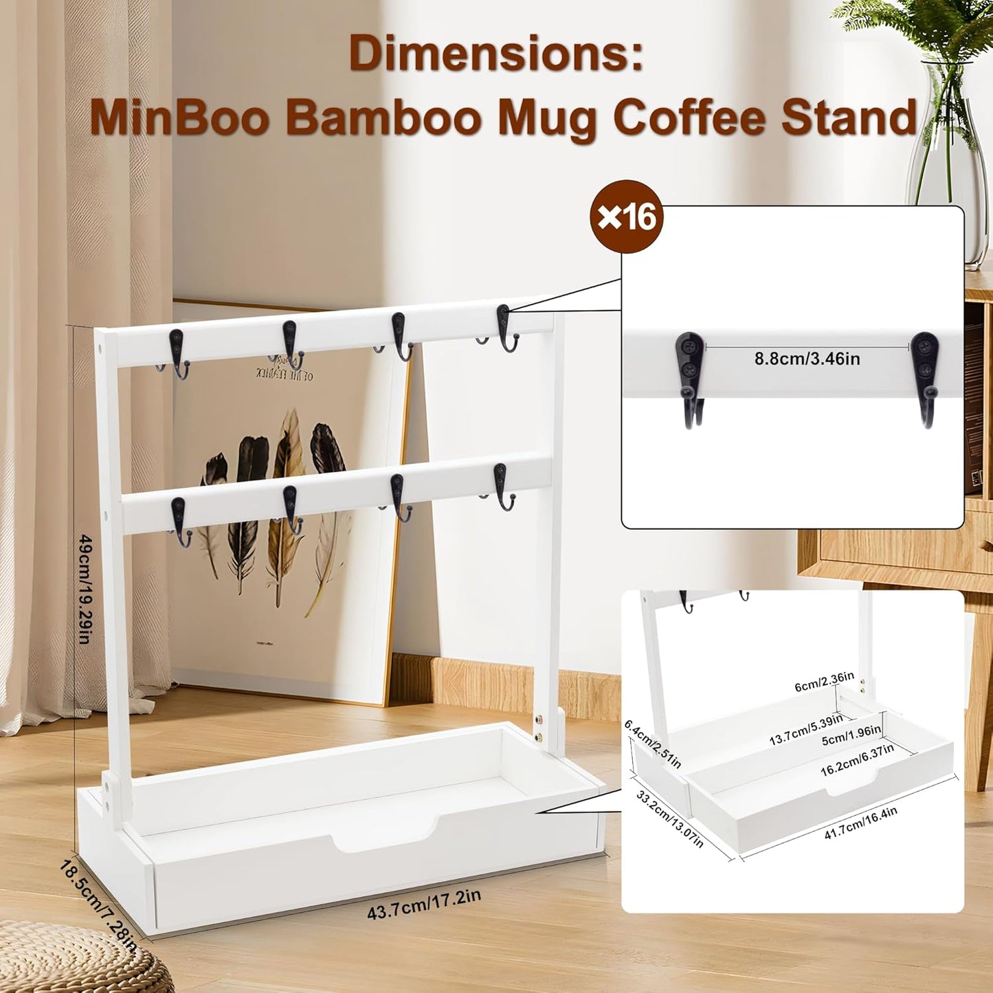 MinBoo Coffee Mug Cup Stand Bamboo Counter Top with 16 Hooks 2 Tier Coffee Mugs Tree with Coffee Pod Drawer Countertop Mug Rack Shelf Organizer Stand for Home Coffee Bar Kitchen Storage Display White