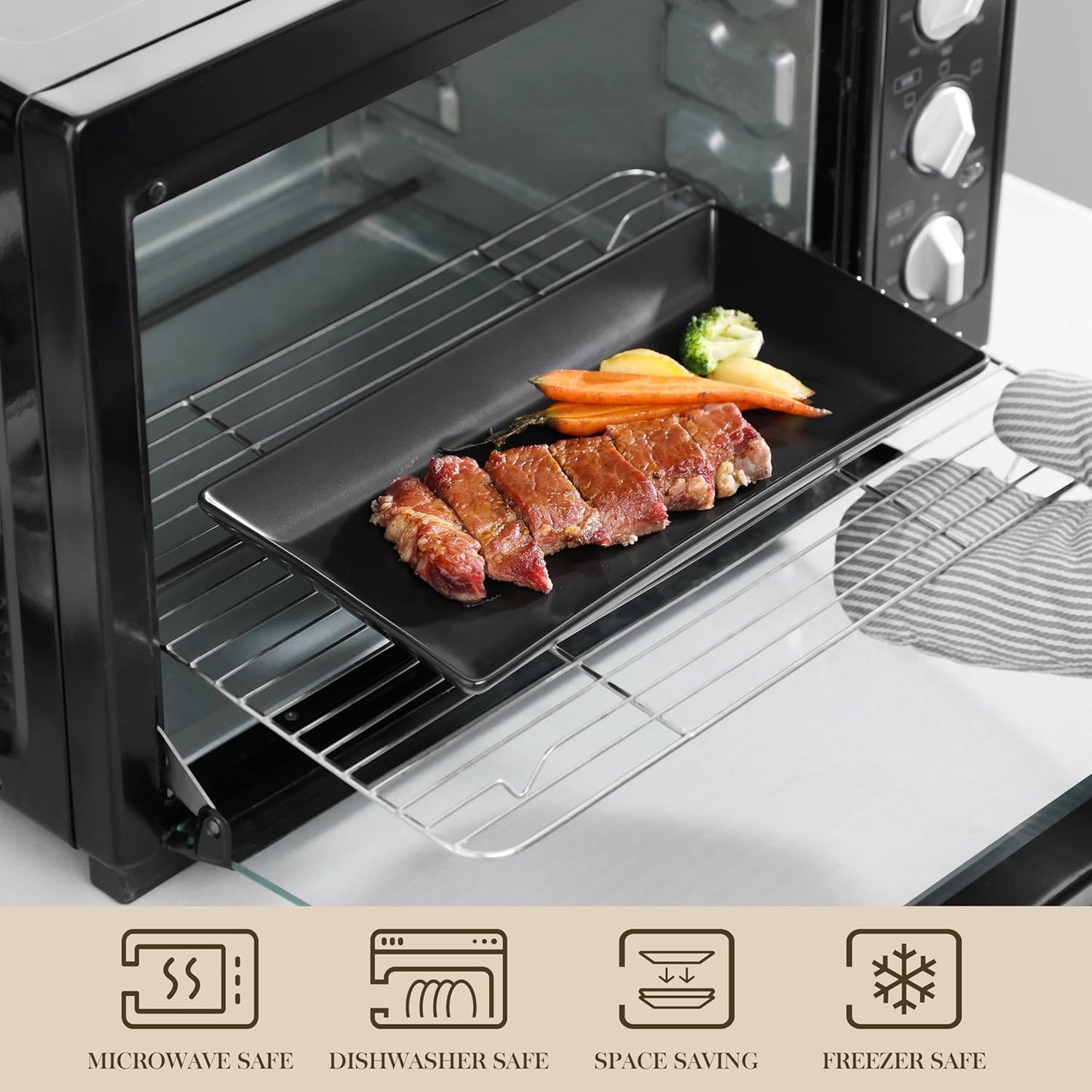 MALACASA 3 Tier Serving Trays for Party, 12 Inch Porcelain Black Trays for Serving Food, Dessert Stand with Collapsible Gold Metal Rack