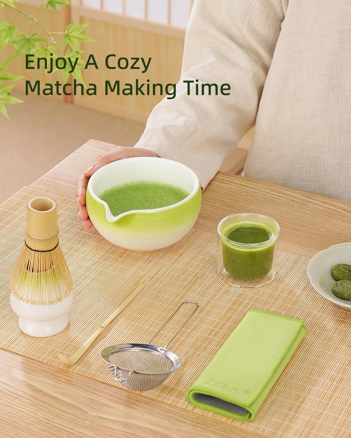 ZENS Matcha Whisk Set, 15oz Matcha Bowl with Spout, 6pcs Matcha Tea Set with Bamboo Whisk & Scoop, Holder (Chasen), Matcha Sifter, Tea Towel for Matcha Ceremony, Green