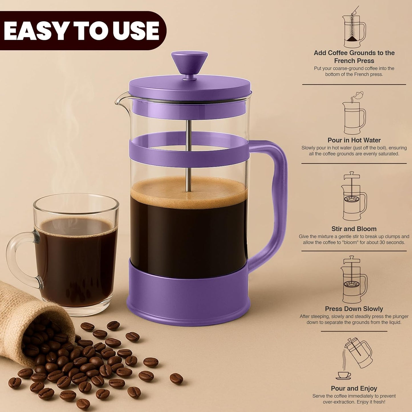 Utopia Kitchen 12 Ounce 0.35 Liter French Press Coffee Maker, Tea Maker, Travel Coffee Presses, Heat Resistant Thickened Borosilicate Coffee Pot for Camping Travel Gifts, Plum Pack of 1