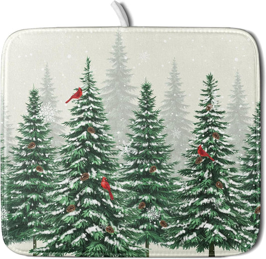 Winter Green Pine Tree Dish Drying Mat for Kitchen Counter,Red Bird Snowflake Drying Mat 16 x 18 Inch with High Absorbent Microfiber Drainer Mat for Coffee Bar