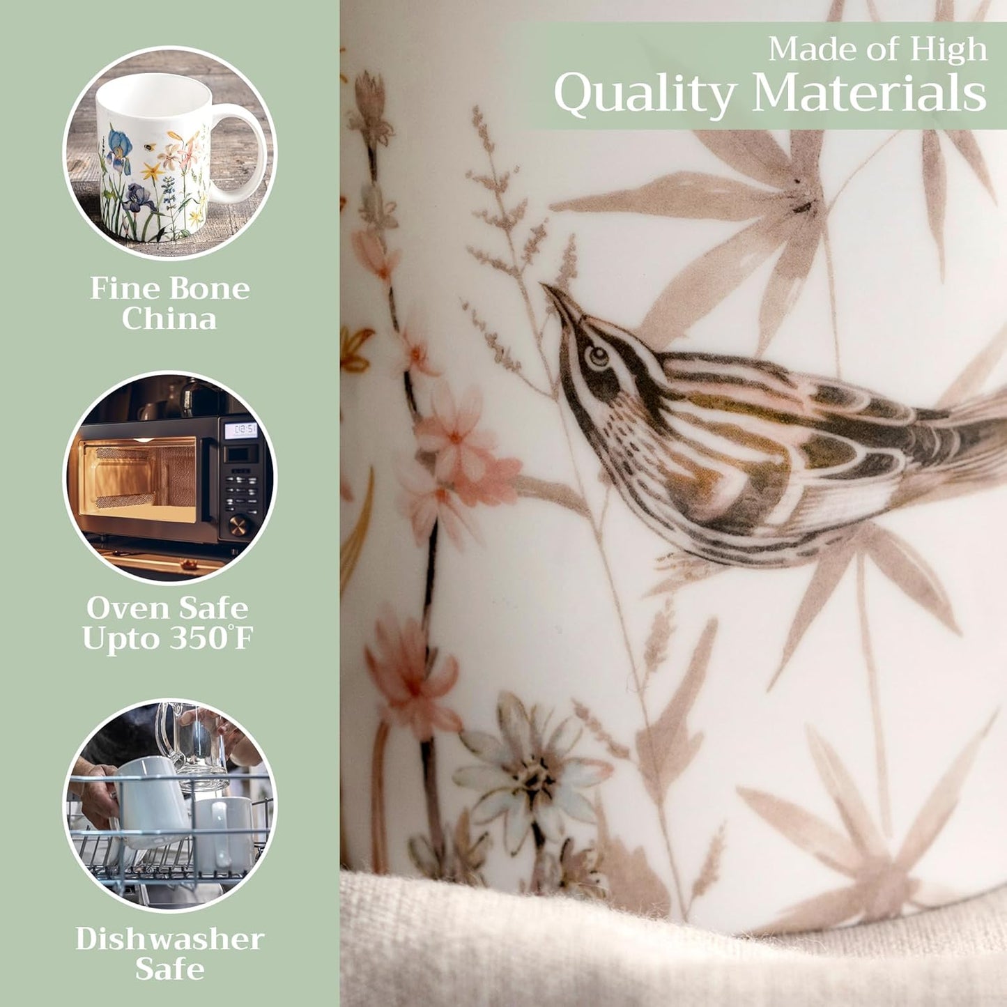 Maison d' Hermine Coffee Mug with Handles Fine Bone China Mugs Pack of One Tea Cups for Hot Beverages Cappuccino Latte Home Office Perfect for Gift (Meadow Florals - Beige Meadow Mornings, 12 Ounce)