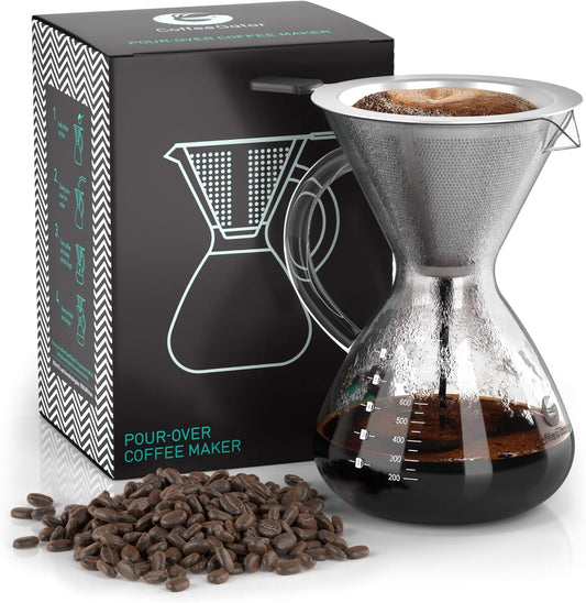 Coffee Gator Pour Over Coffee Maker - 27oz High Heat Borosilicate Glass with Reusable Stainless Steel Filter, Drip Coffee Brewer Dripper Set Carafe, 800ml Clear