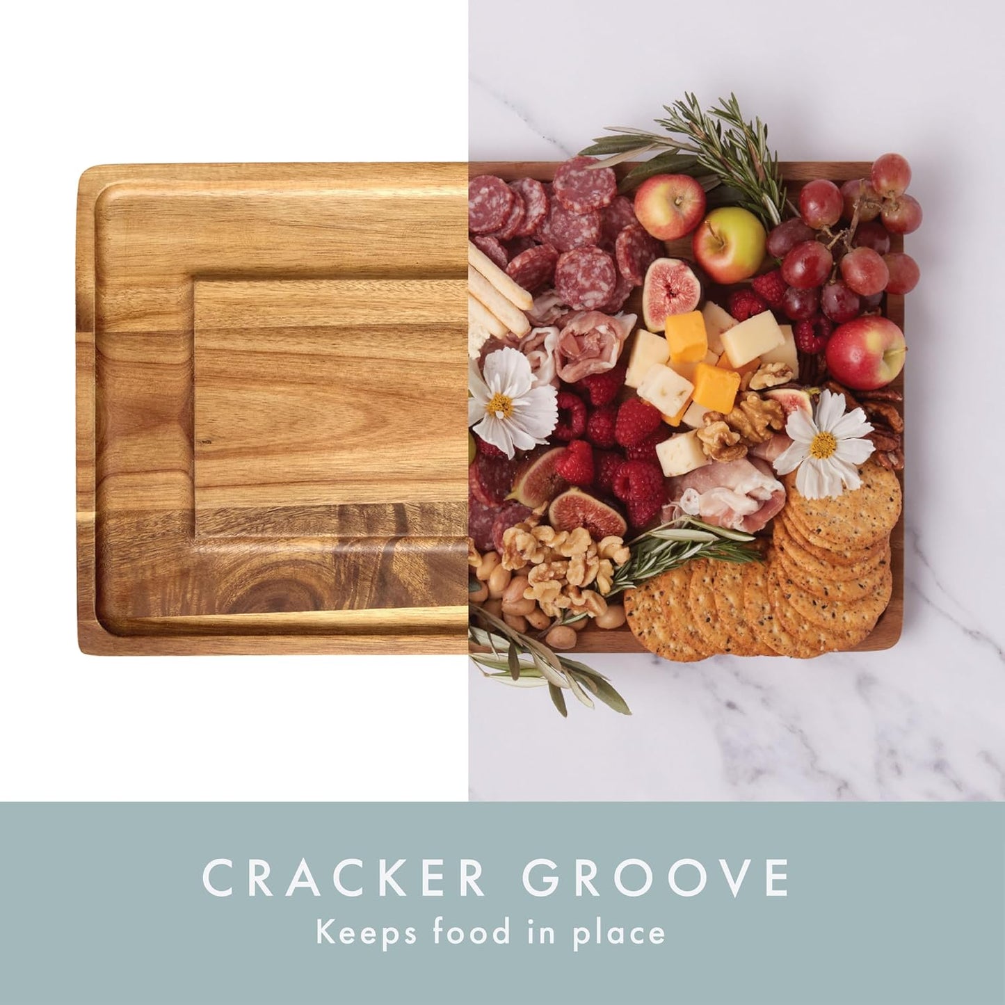 Charcuterie Board - Acacia Cheese Board with Grooves & Built-in Handles, Snack Tray for Vegetables, Fruits, Meat, Nuts - Decorative Wooden Serving Tray for Kitchen House Warming Gift