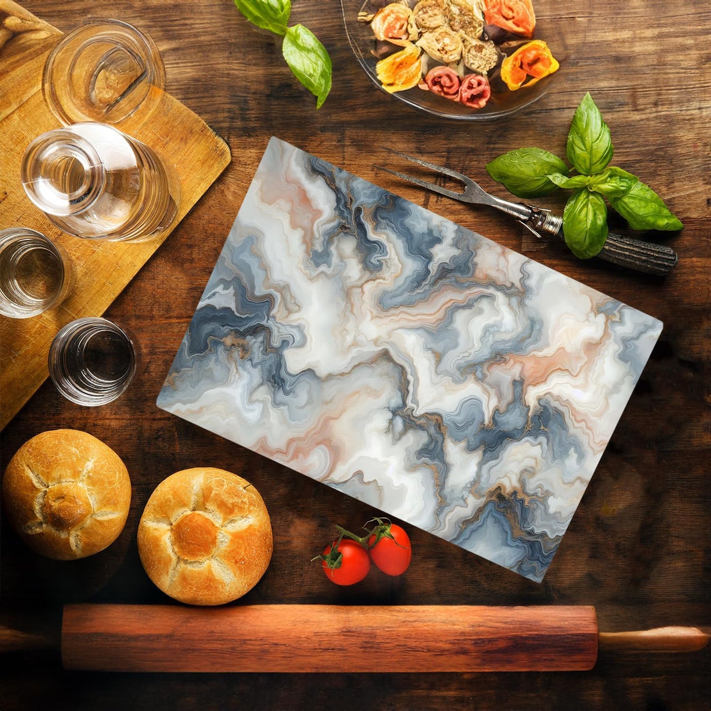 Multicolored White Agate Marble Kitchen Glass Cutting Board Ocean Decorative Gift Marbled Granite Stone Rock Gift For Her Mom Wife (Multicolored)