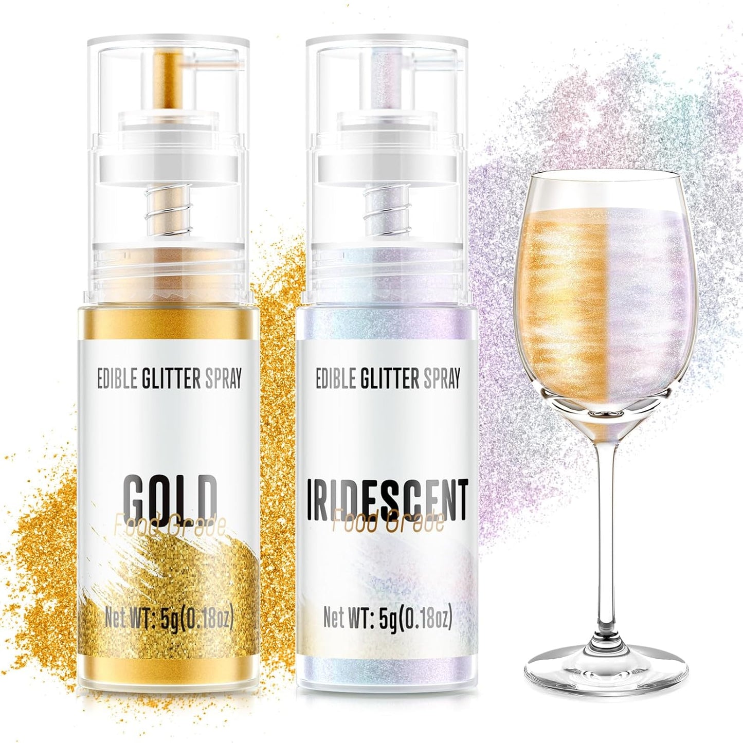 Edible Glitter Spray,2 Colors Gold & Iridescent Food Grade Edible Glitter Set for Drink Cake Beverages,Cupcakes,Cake Pops and Cookies Decorating