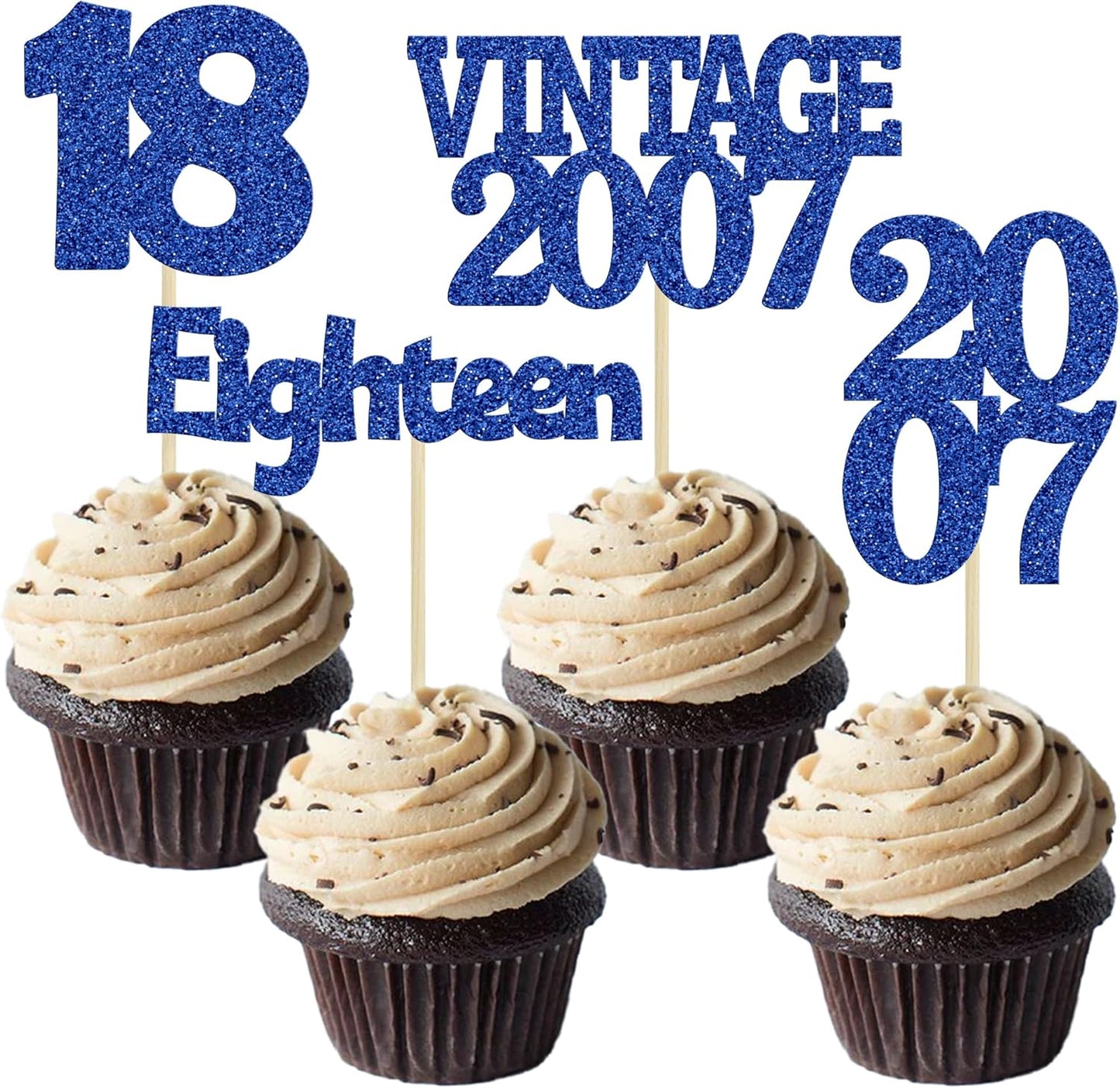 Gyufise 24Pcs 18th Birthday Cupcake Toppers Glitter Eighteen Vintage 2007 Adultish 18 Cupcake Picks Birthday Cake Decorations for Happy 18th Birthday Anniversary Party Supplies Deep Blue