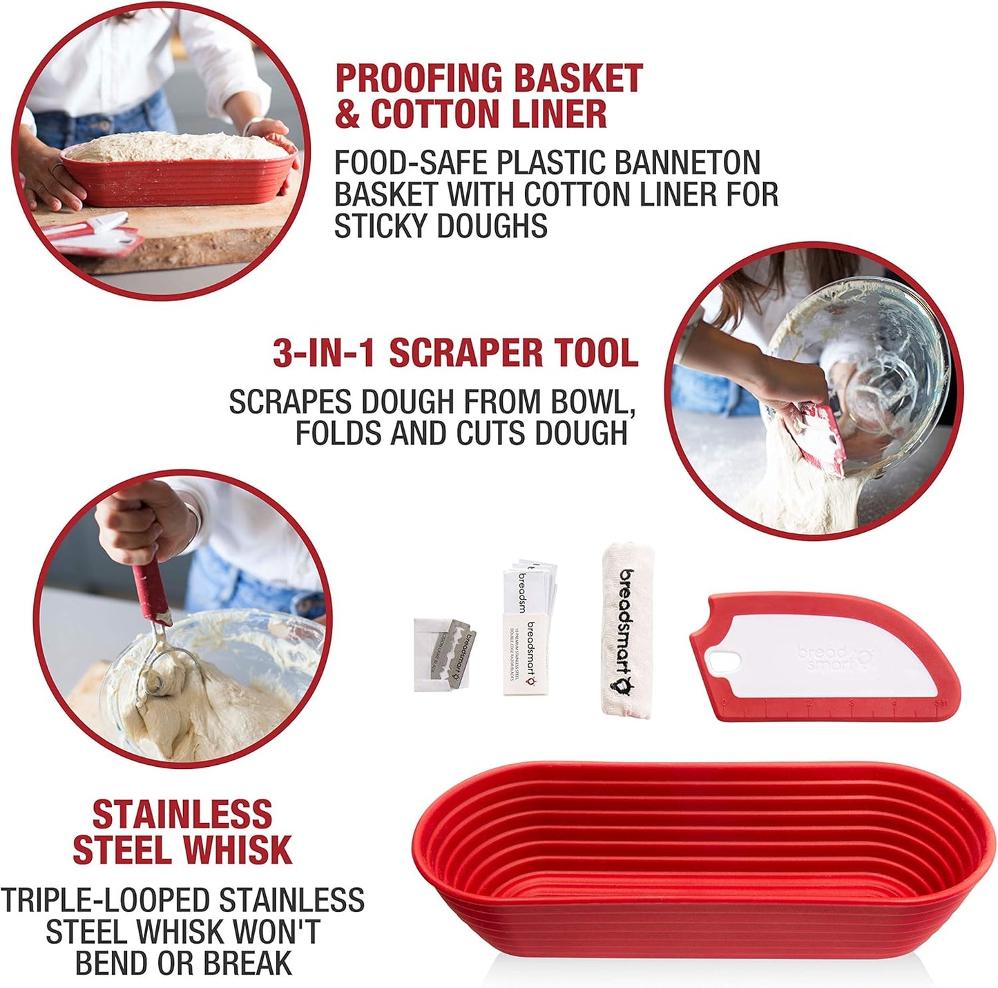 Artisan Bread Making Kit - 5 PC Baking Supplies Set - Lame, Scraper, Whisk, Proofing Basket & Cotton Liner - Red