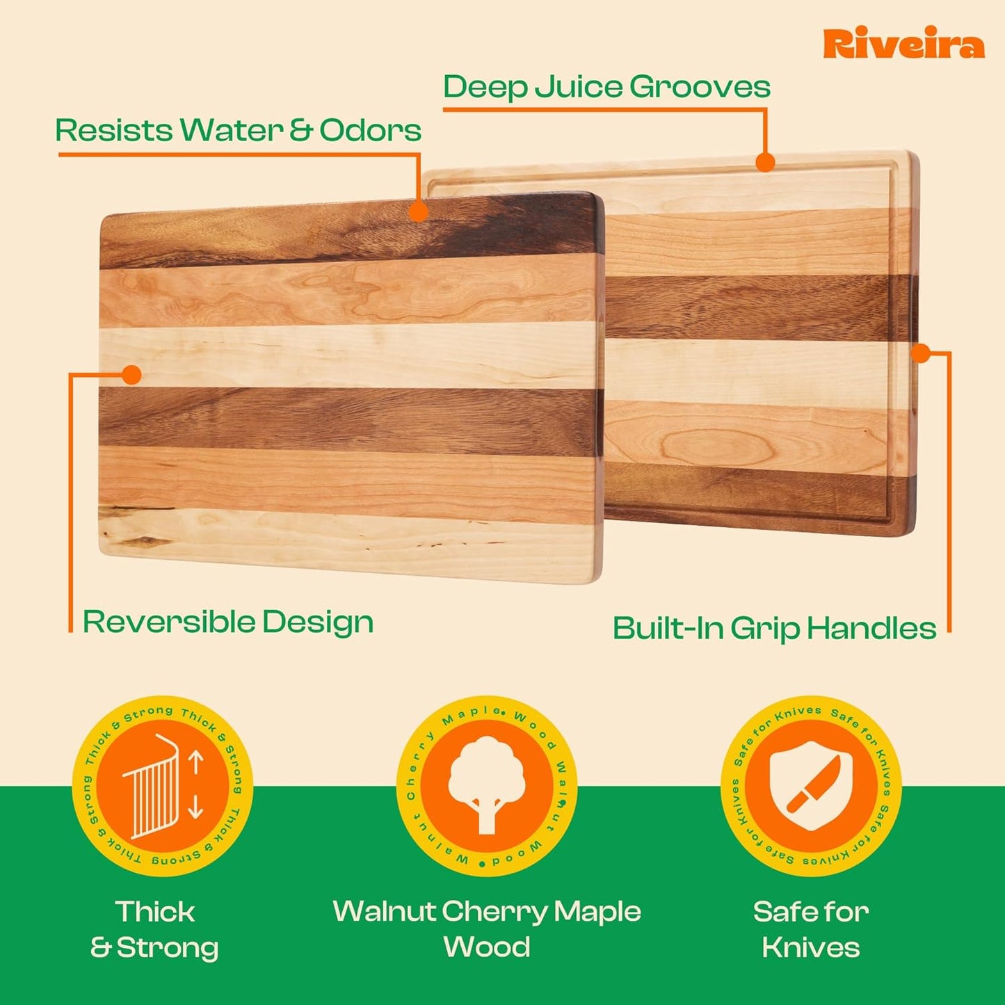 Riveira Walnut/Cherry/Maple Wood Cutting Board – Gourmet Grandeur: 18 x 12 Wooden Cutting Board – Natural Wooden Cutting Boards For Kitchen Decorative – Innovative Juice Grooves Wooden Chopping Board