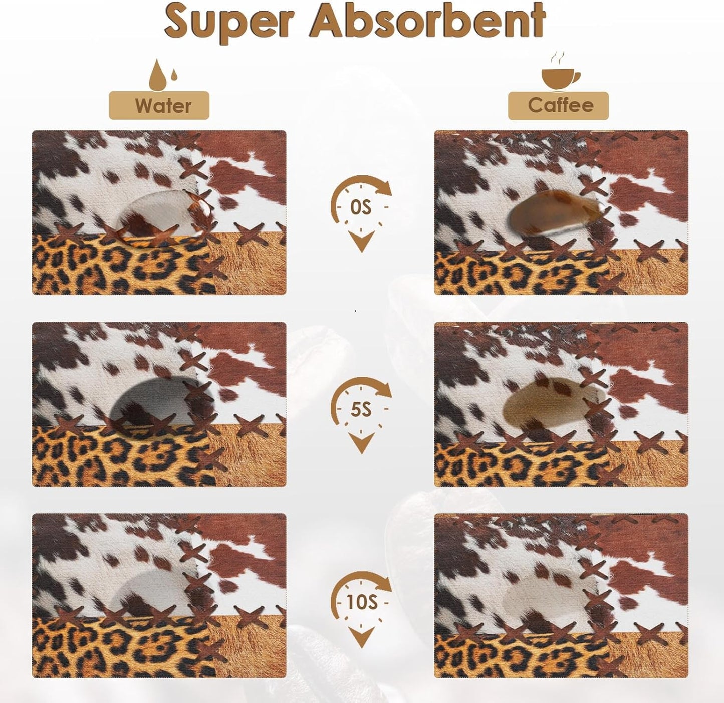 Arttown Coffee Mat for Countertops, Cow Tiger Leopard Patchwork Tribal Art Dish Drying Mat 2 Pcs for Kitchen Bar Accessories, Coffee Maker Espresso Machine Dish Rack Hide Stain Rubber 12x19in