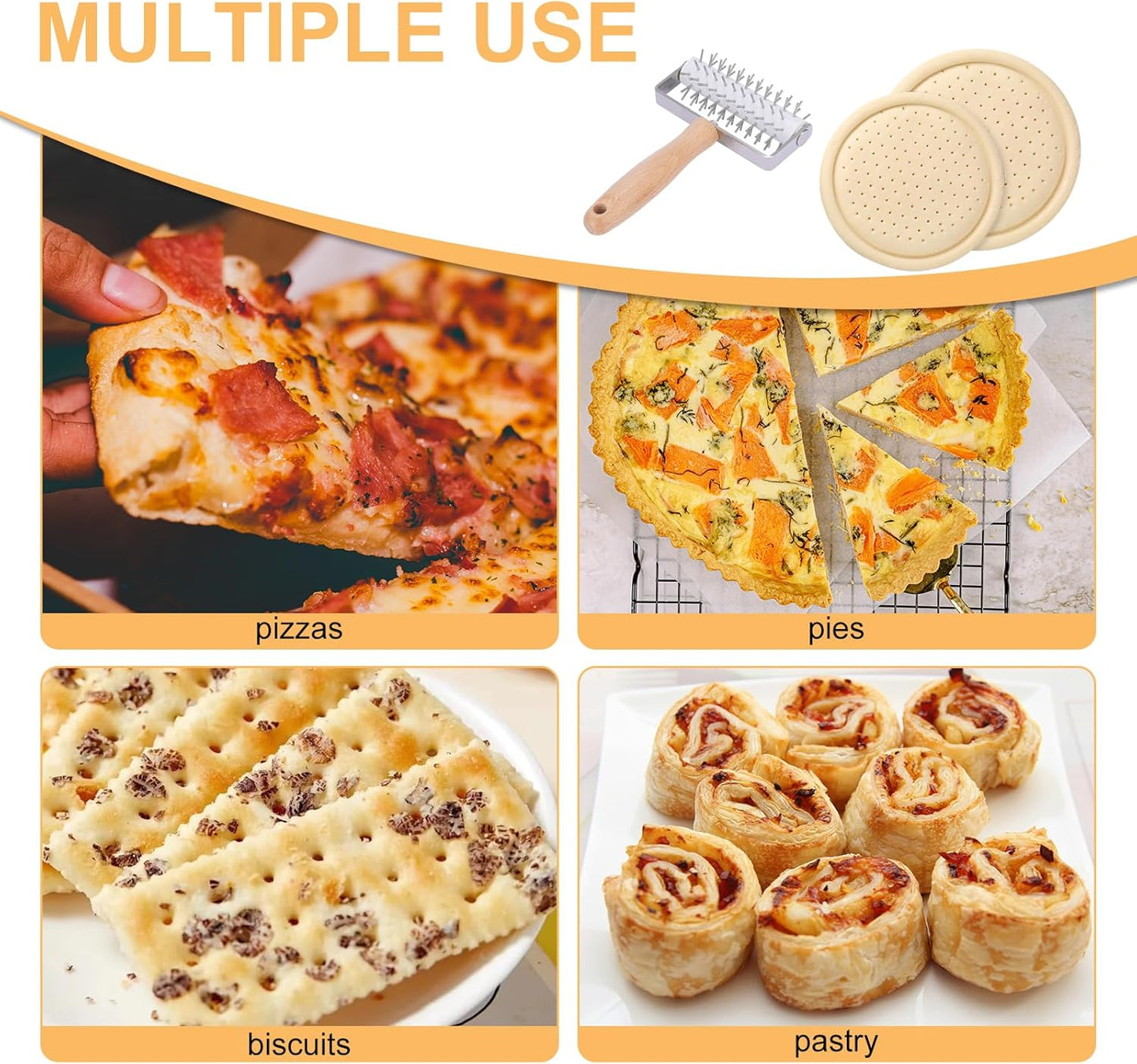 Pizza Dough Docker, Professional Dough Roller with Stainless Steel Spikes Wood Handle, Sturdy Pizza Docking Tool for Home & Commercial Kitchen, Time-Saver for Making Pizza Pie Pastry Bread