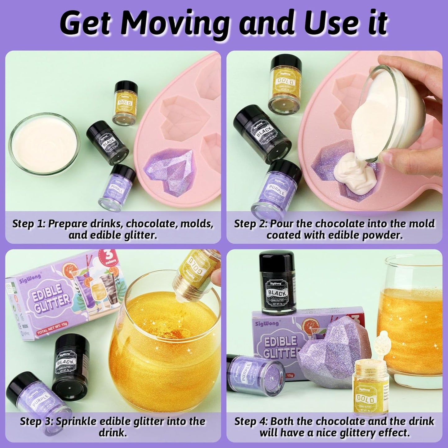 Edible Glitter Set, 3 Colors Luster Dust Edible Glitter, Food Grade Metallic Food Decorating Sprinkle Dust for Drinks Wine, Powder Glitter for Fondant, Chocolate, Candy, Cookie, 5g/0.18oz, Vegan