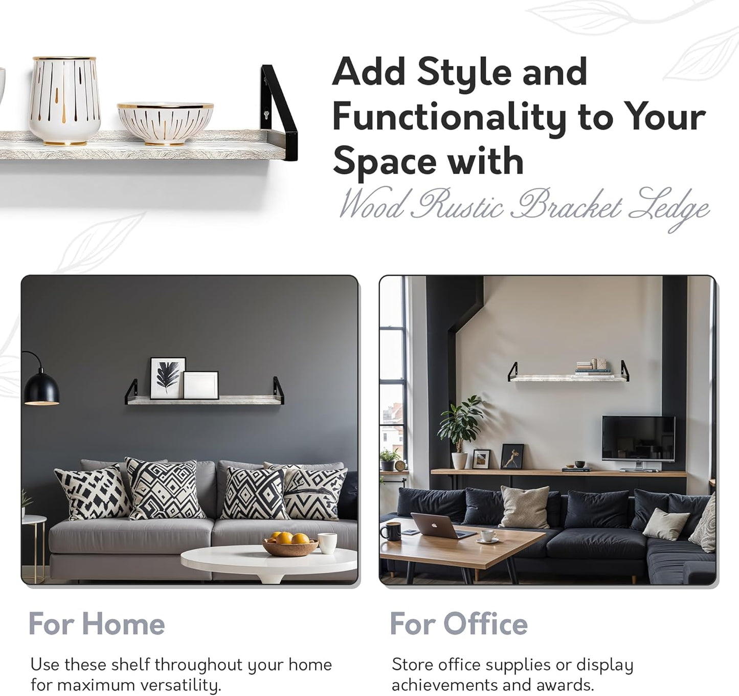 InPlace Wall Mounted Shelf, 36" x5" x 6.1", Rustic Real Wood Bracket Ledge, Distressed White Finish, Heavy-Duty Floating Shelf for Living Room, Bathroom, or Kitchen 9602098E