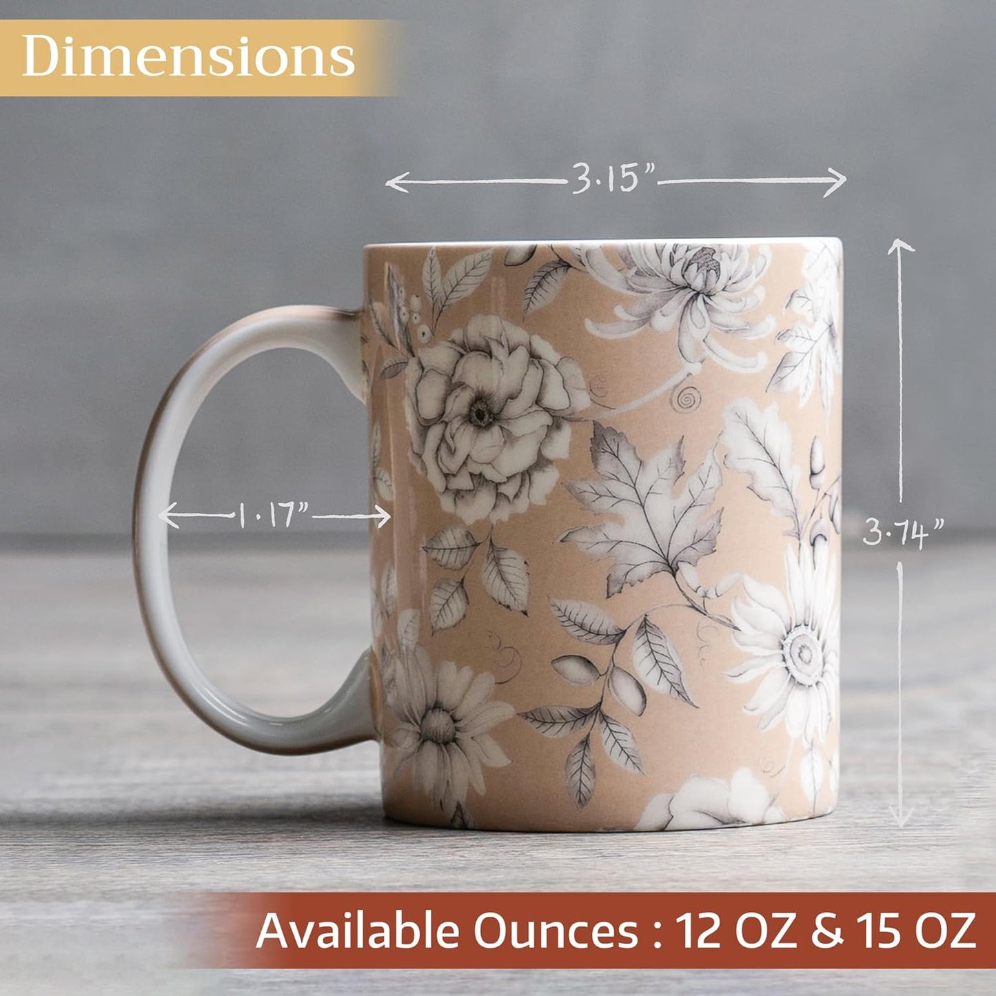 Maison d' Hermine Coffee Mug with Handles Fine Bone China Mugs Pack of One Tea Cups for Hot Beverages Cappuccino Latte Home Restaurant Office Perfect for Gift (Pretty Autumn - Pretty Mono, 12 Ounce)