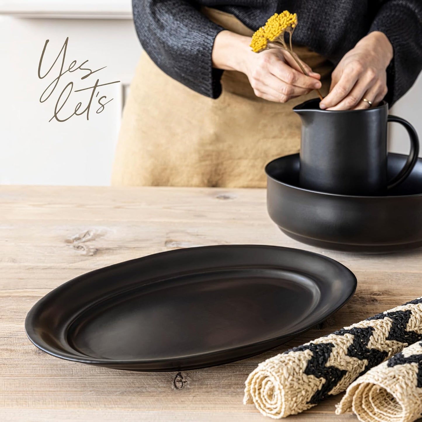 over&back Rim Stoneware Serving Platter - Elegant 1-Piece Oval Serving Platter to Complete Your Kitchen Set - 16" L x 10.8" W Semi-Matte Black