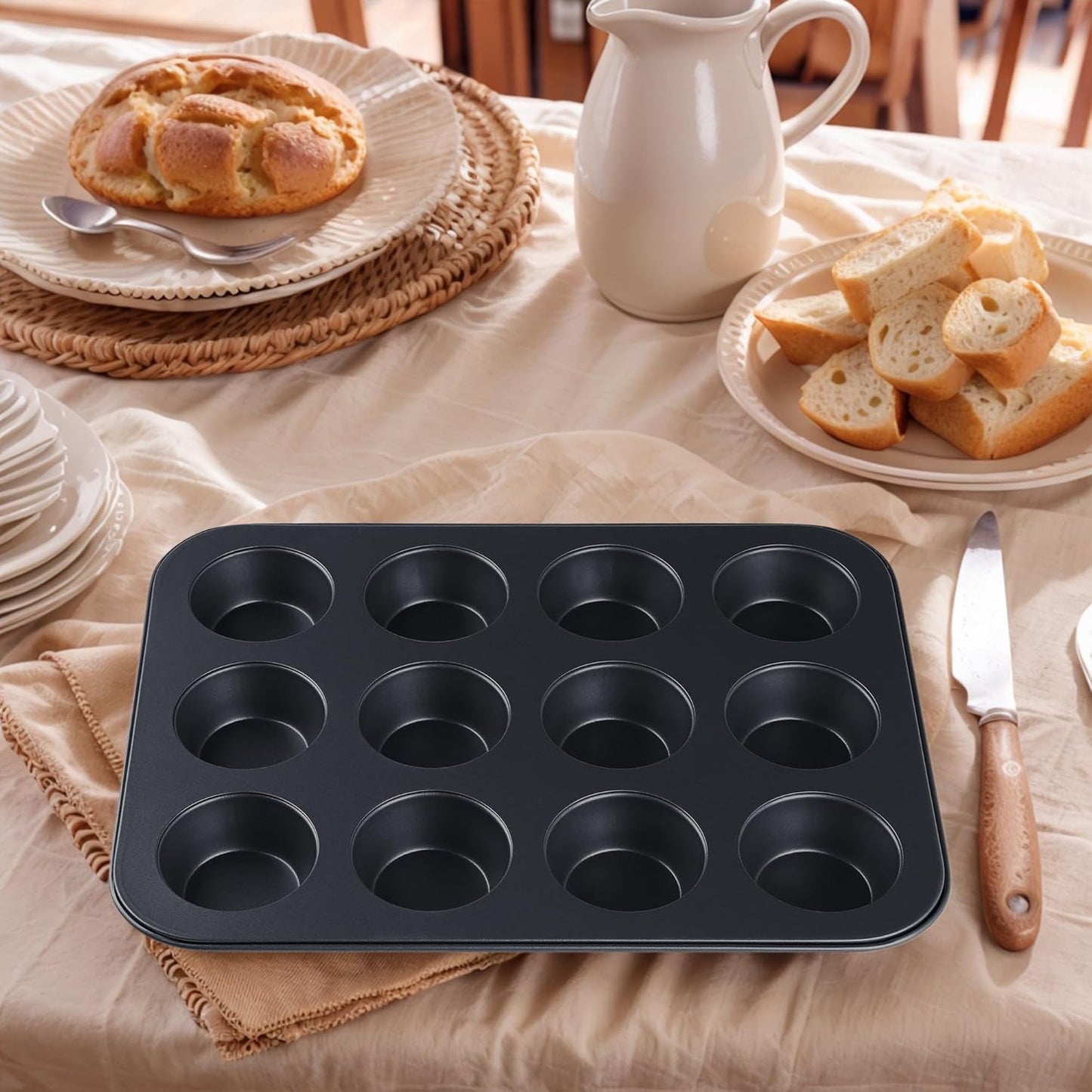 Muffin-Pan for Baking, Nonstick Cake Pan 12 Cups, 3 Pack Cup Premium Cheesecake Pans, Cupcake Baking Pan for Oven 13.2 * 10 * 1.1in Black