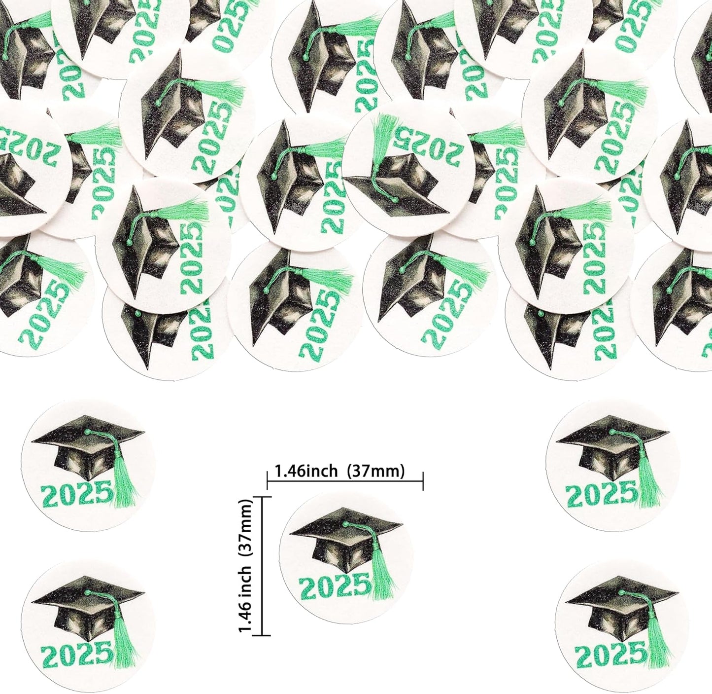 Gyufise 48Pcs Edible 2025 Graduation Theme Cupcake Toppers Wafer Paper Graduation Hat Graduate Cupcake Picks Green