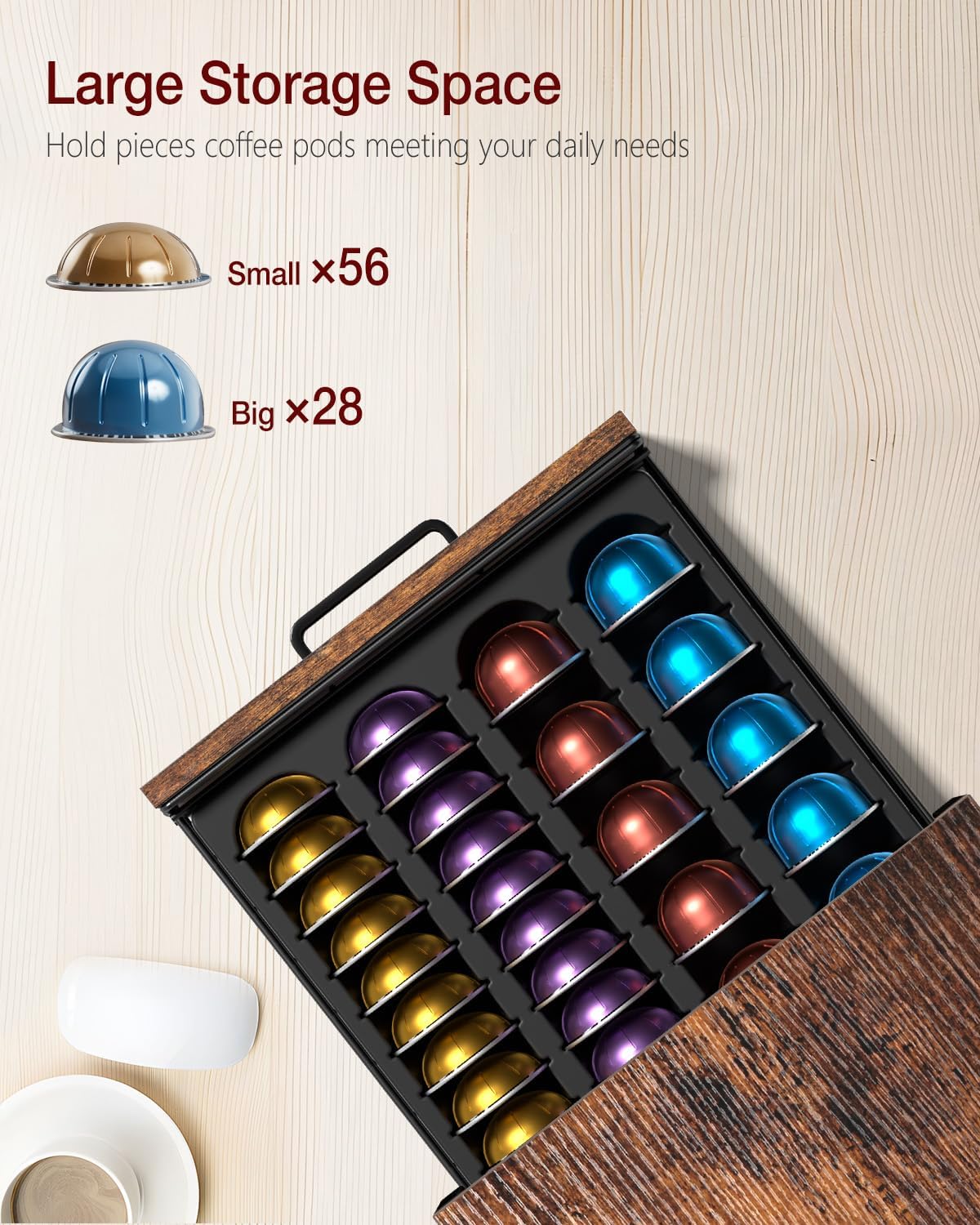 Coffee Pod Holder, Vertuo Pod Holder Compatible with Nespresso, 28 Large or 56 Small Nespresso Capsule Organizer Drawer Station with Cup Rack, Rustic Brown