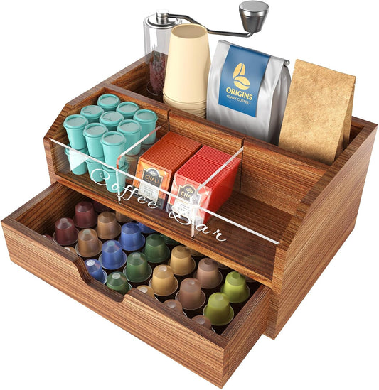 NiHome Solid Wood & Acrylic Coffee Station Organizer with Storage Drawer, Multi-Purpose Adjustable Compartments Coffee Pod Holder for Home, Office, Hotel, Kitchen Counter Storage for Tea, Sugar, Cups