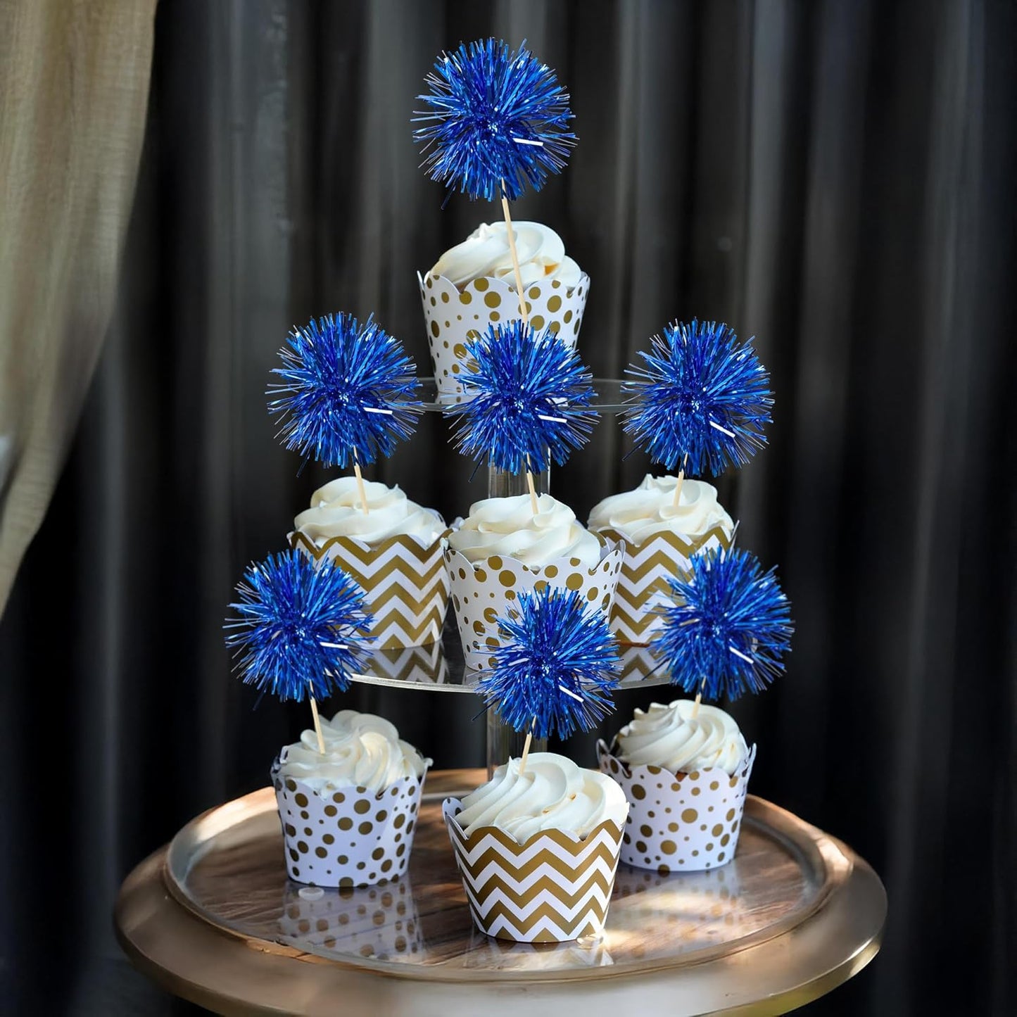 Ephlyn 30Pcs Foil Firework Cupcake Toppers Sparkles Fireworks Sticks Birthday Decorations Sparkle Tinsel Cocktail Fruit Toothpick for Birthday Wedding Graduation Party Cake Decorations Blue