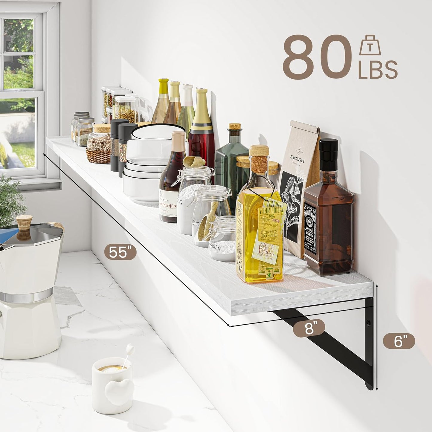 Dreamland 8 inch Deep Floating Shelves for Wall, 55W x 8D Wall Mounted Shelves Set of 2, Wide Display Ledge Shelf with Sturdy Metal Brackets for Living Room, Bathroom, Bedroom and Kitchen, White